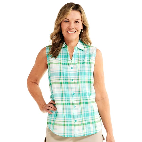 Petite Hasting & Smith Sleeveless Plaid Dobby Tee - Sea Jet - Boscov's