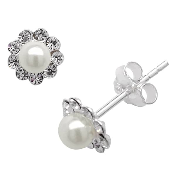 Marsala Sterling Silver Crystal & Pearl Stud Earrings - image 