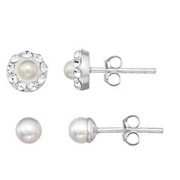 Sterling Silver Crystal Halo Pearl & Pearl Stud Earring Set