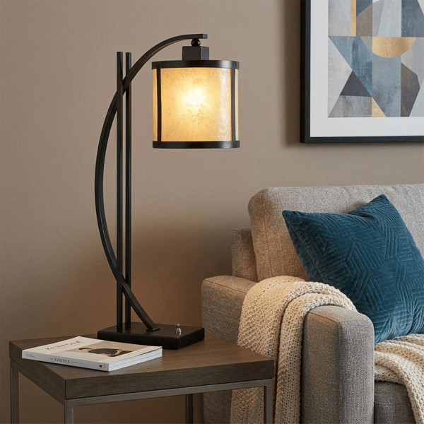 HomeRoots 26in. Black Metal Lantern Table Lamp with Drum Shade