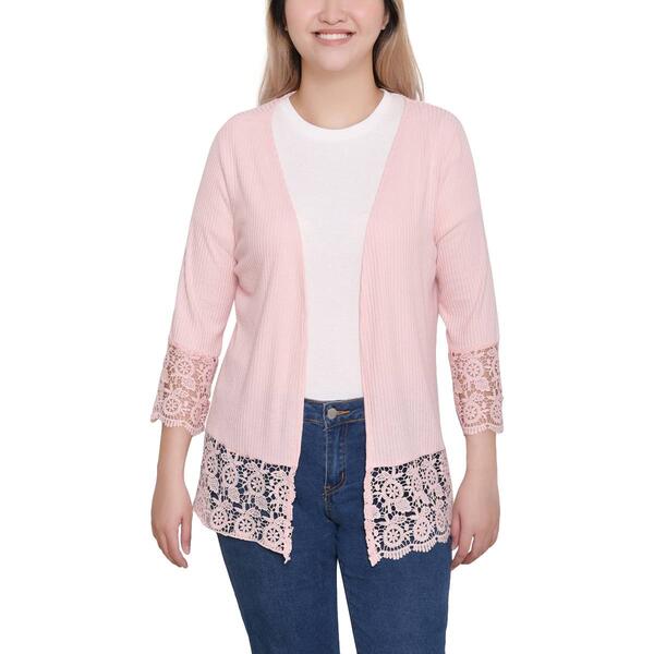 Petite NY Collection 3/4 Sleeve Crochet Lace Open Front Cardigan - image 