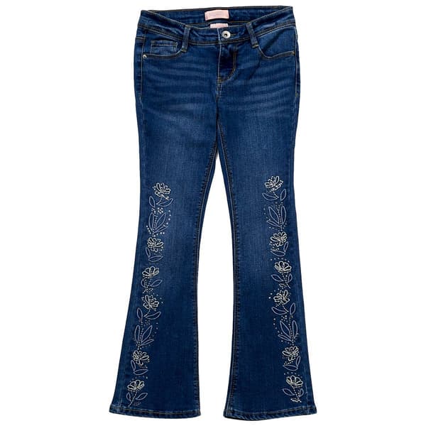 Girls &#40;7-12&#41; Squeeze Embroidered Floral & Rhinestone Flare Jeans - image 