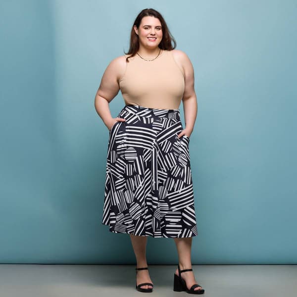 Plus Size 24/7 Comfort Apparel Black Geometric Pocket Midi Skirt