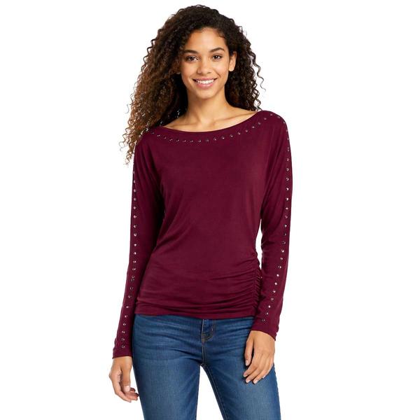 Juniors Madden Girl Long Sleeve Jersey Stud Dolman Boat Neck Top - image 