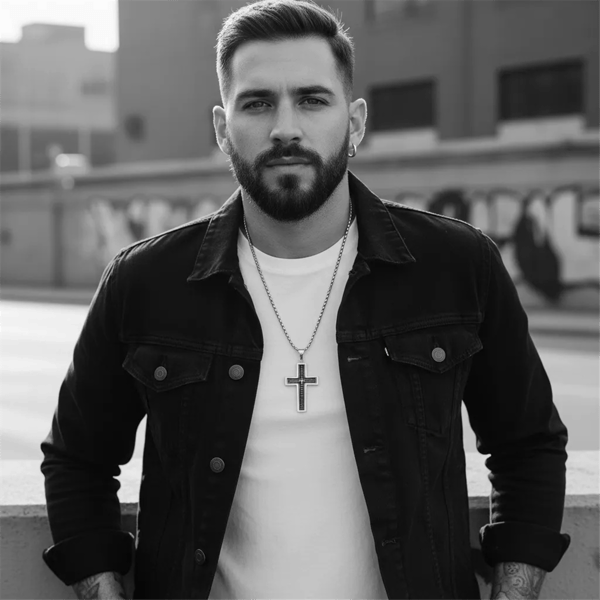 Mens Iron Saints Our Father Prayer Silver & Black Cross Necklace