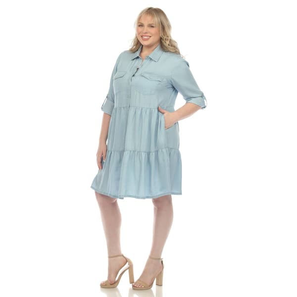 Plus Size White Mark Long Sleeve Tiered Midi Shirtdress - image 