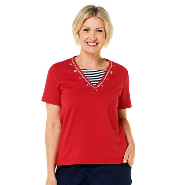 Womens Bonnie Evans Short Sleeve Embroidered USA Nautical Tee - image 