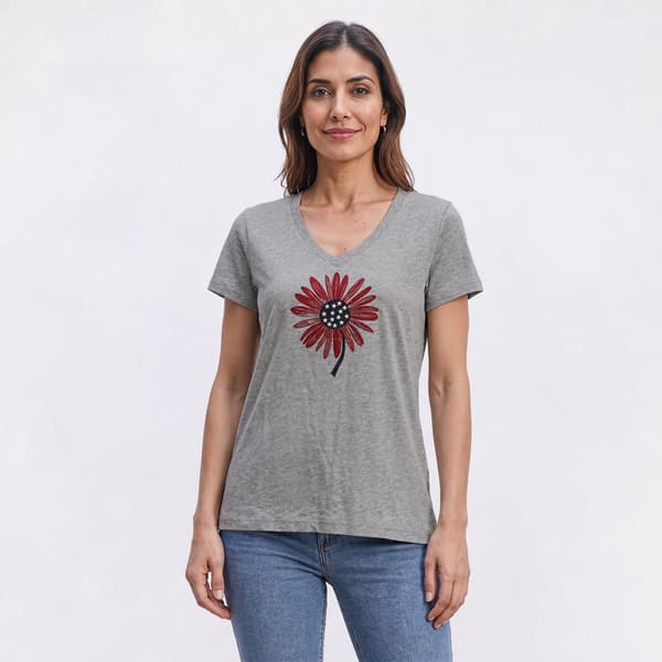 Petite Mountain Ridge Americana Sunflower V Neck Graphic Tee - image 
