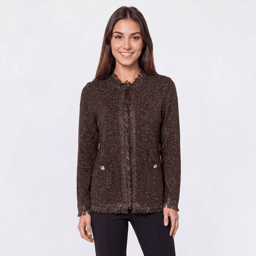 Petite Kasper Long Sleeve Fringe Kissing Front Cardigan
