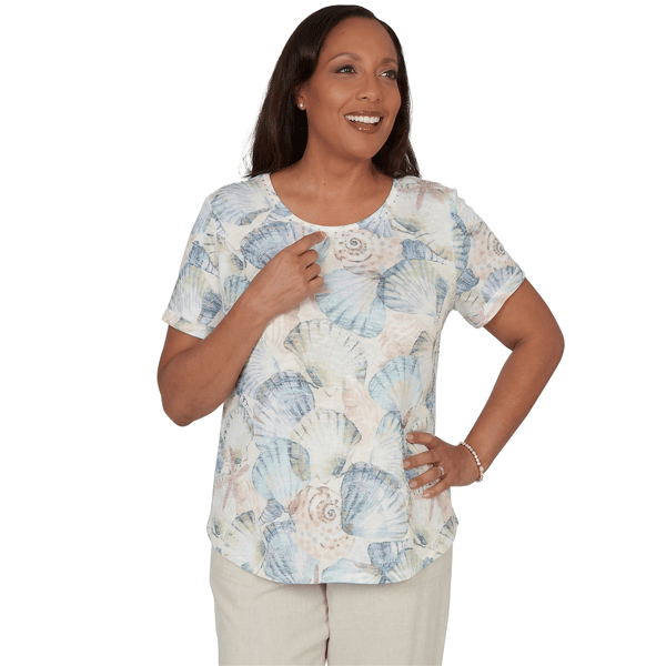 Petite Alfred Dunner Vintage Charm Round Neck Seashells Blouse - image 