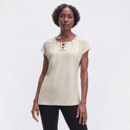 Womens Notations Short Sleeve Grommet Keyhole Solid Blouse
