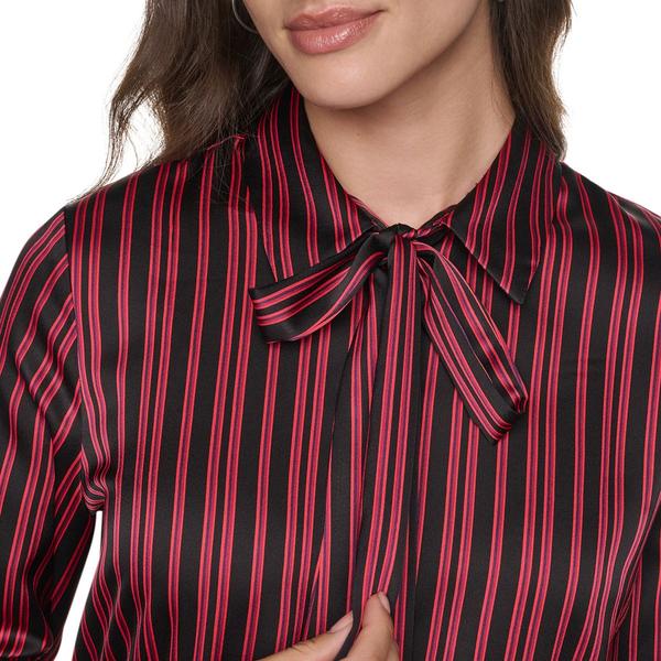 Womens DKNY Long Sleeve Tie Neck Stripe Satin Button Front Blouse