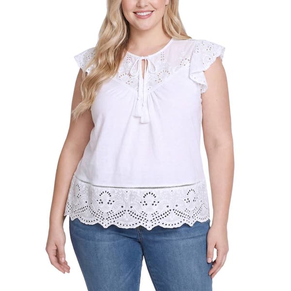 Plus Size NY Collection Flutter Slv Slub Jersey Top W/Crochet Tr - image 