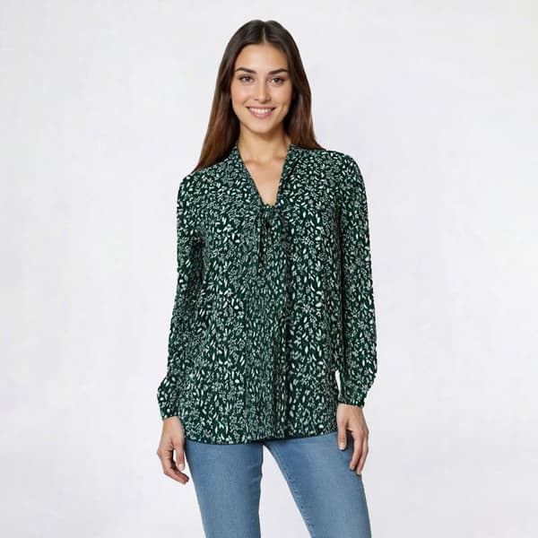 Womens Adrianna Papell Long Sleeve Tie Neck Leaf Blouse