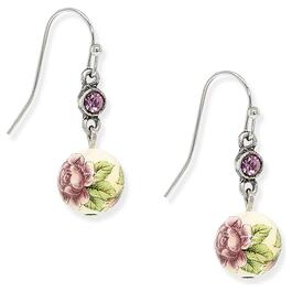 1928 Silver-Tone/Purple Crystal Flower Drop Earrings