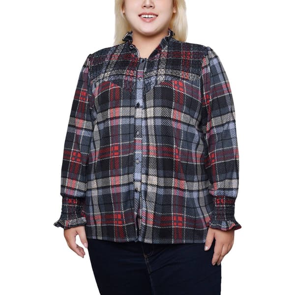 Plus Size NY Collection Long Sleeve Smock Yoke Casual Button Down