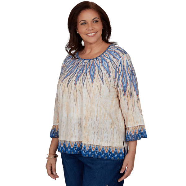 Plus Size Alfred Dunner Tuscany 3/4 Sleeve Ikat Burnout Blouse