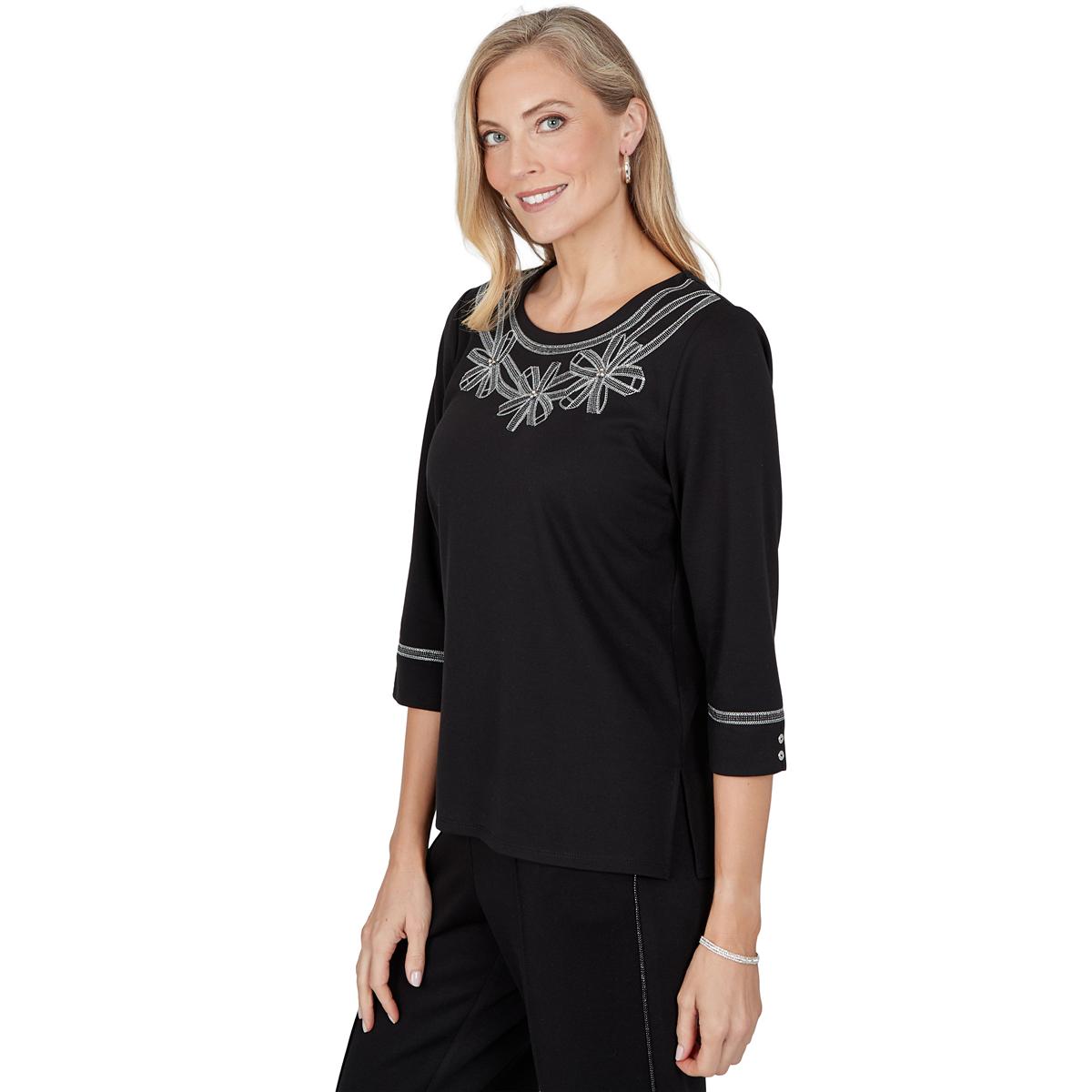 Womens Alfred Dunner Weekend Warrior 3/4 Sleeve Ribbon Blouse