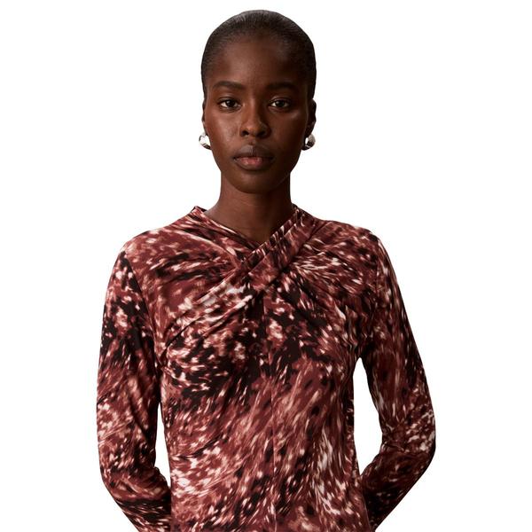 Womens Calvin Klein Long Sleeve Twist Neck Abstract Blur Blouse