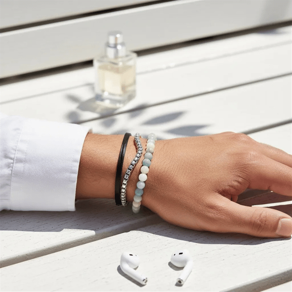 Mens Iron Saints Silver Foxtail Chain & Amazonite Beaded Bracelet