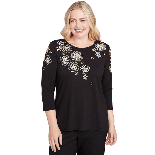 Petites Alfred Dunner Business As Usual Gold Floral Embroidered