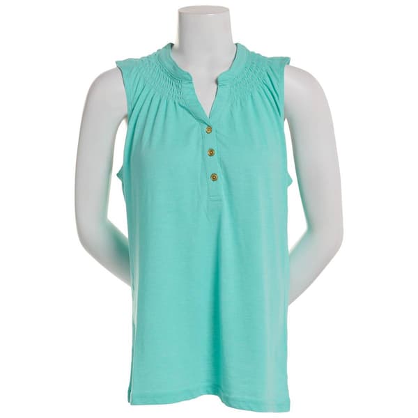 Womens Fresh Sleeveless 1/2 Placket Top with Smocking - image 