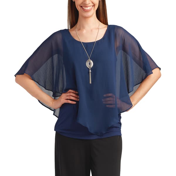 Plus Size  AGB Solid Chiffon Popover Blouse with Necklace