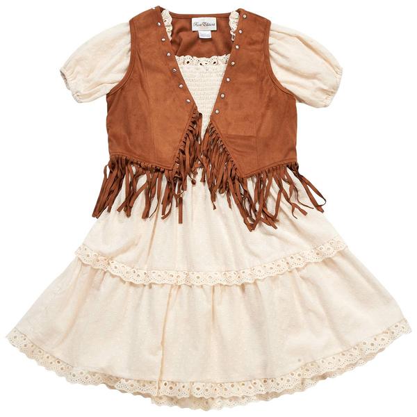 Girls (7-14) Rare Editions Clip Dot Dress w/ Fringe Vest - image 