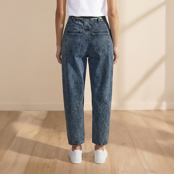 Womens MNK Patchwork Barrel Jeans with Seersucker Belt