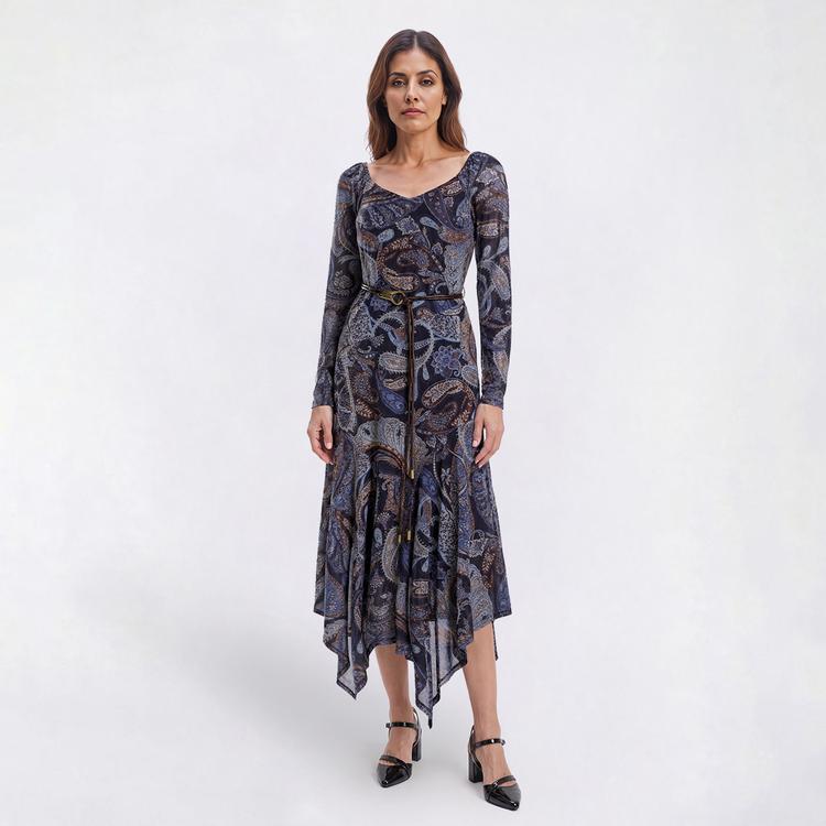 Womens Harlow & Rose Long Sleeve Paisley Belted A-Line Dress