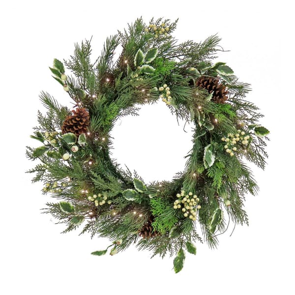 National Tree 28in. Holly & White Mixed Greenery Wreath w/ LED