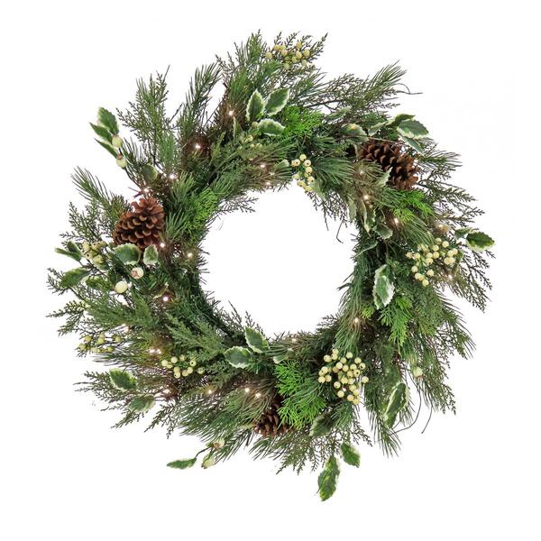 National Tree 28in. Holly & White Mixed Greenery Wreath w/ LED - image 