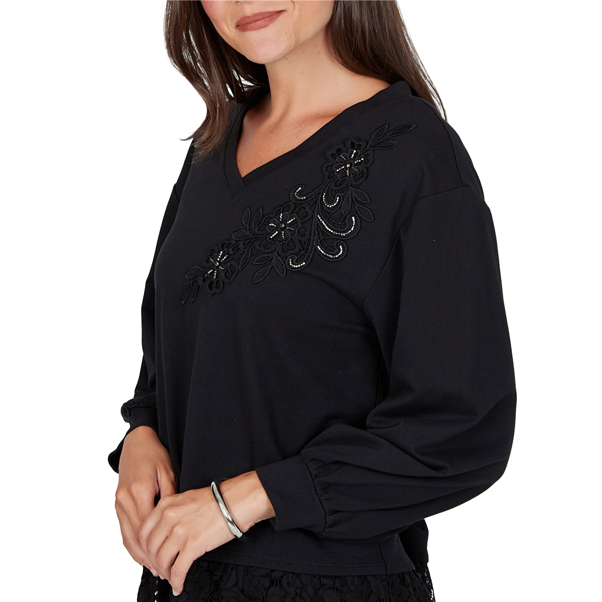 Petite Ruby Rd. Mysterious Romance Lace Trim V-Neck Blouse