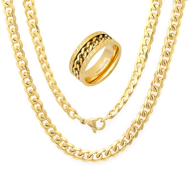 Steeltime Yellow Chain Necklace w/Cuban Link Spinner Ring Set - image 