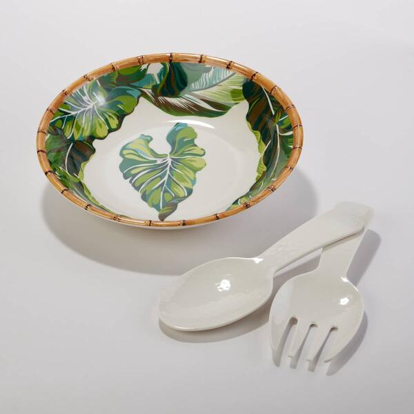Tommy Bahama Large Palm Bamboo Salad Bow w/ Utensils - image 