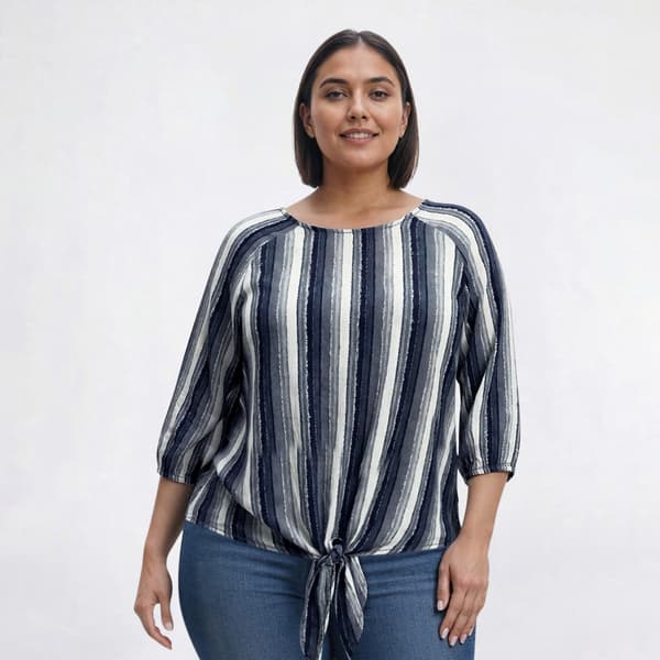 Plus Size Preswick & Moore® 3/4 Sleeve Tie Front Stripe Blouse
