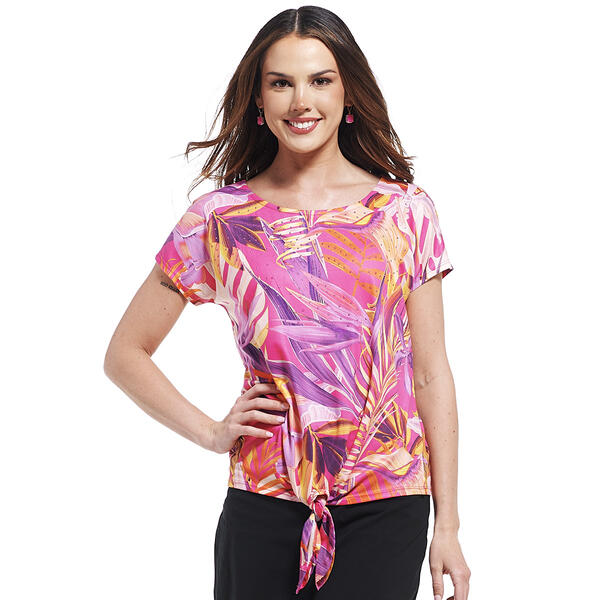 Womens OneWorld Short Sleeve Tropical Tie Front Tee - image 