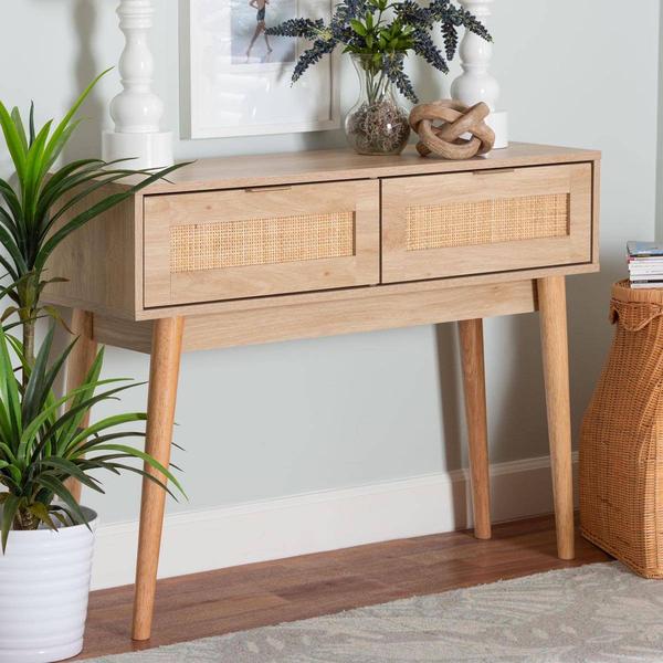 Baxton Studio Baird Oak Brown Wood/Rattan 2-Drawer Console Table