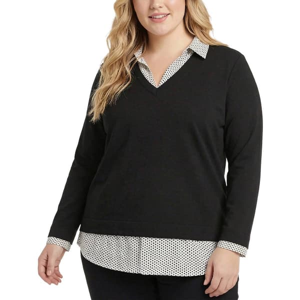 Plus Size NY Collection Long Sleeve Hacci & Print Woven Pullover