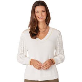 Womens Democracy 3/4 Pointelle Sleeve V-Neck Sweater w/Tipping