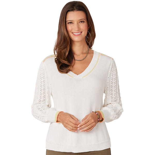 Womens Democracy 3/4 Pointelle Sleeve V-Neck Sweater w/Tipping - image 
