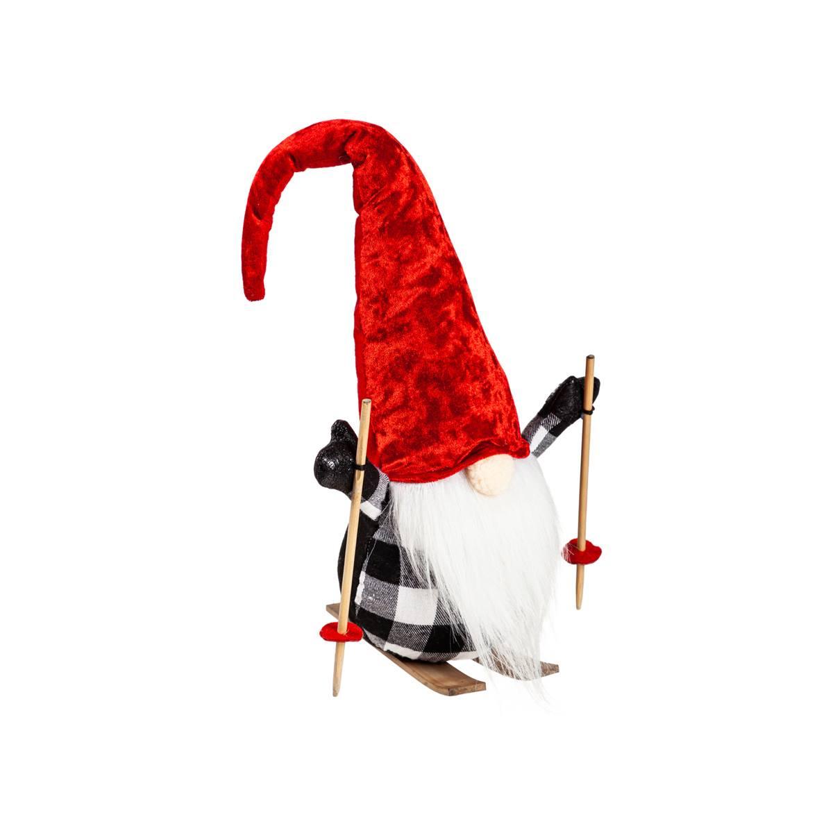 Evergreen Plush Skiing Gnome with Red Hat Table Decor