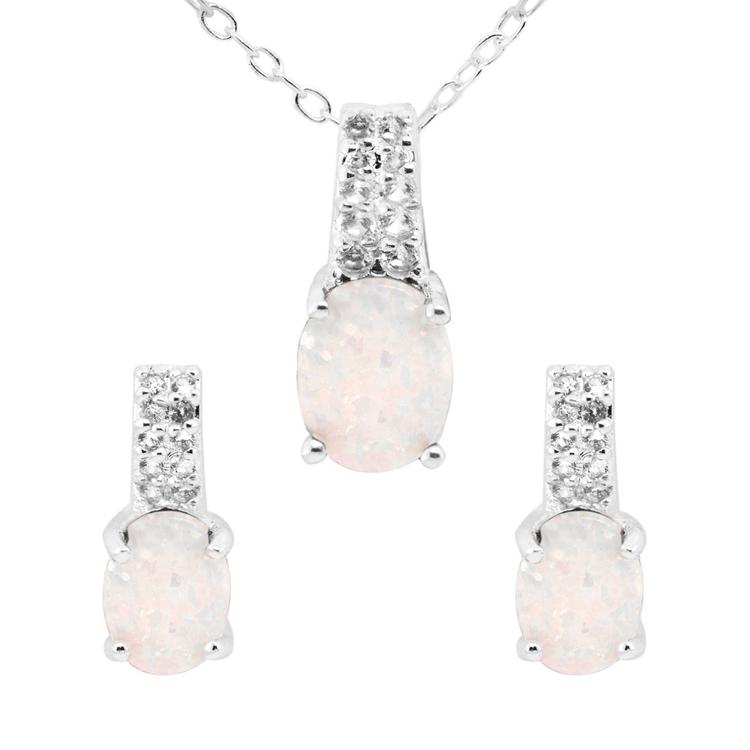 Marsala Lab Created White Sapphire & Opal Necklace & Earring Set