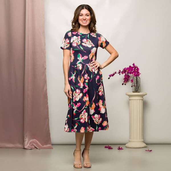 Womens 24/7 Comfort Apparel Navy Floral Pleated Flare Midi Dress