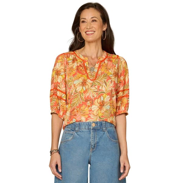 Womens Democracy 3/4 Blouson Sleeve Half Placket Shirt Tail Hem