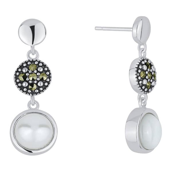 Marsala Silver Plated Marcasite & Mother of Pearl Post Earrings - image 