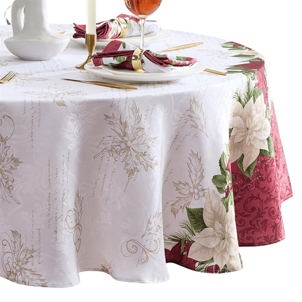Threadmade Clarette Poinsettia Holiday Fabric Tablecloth