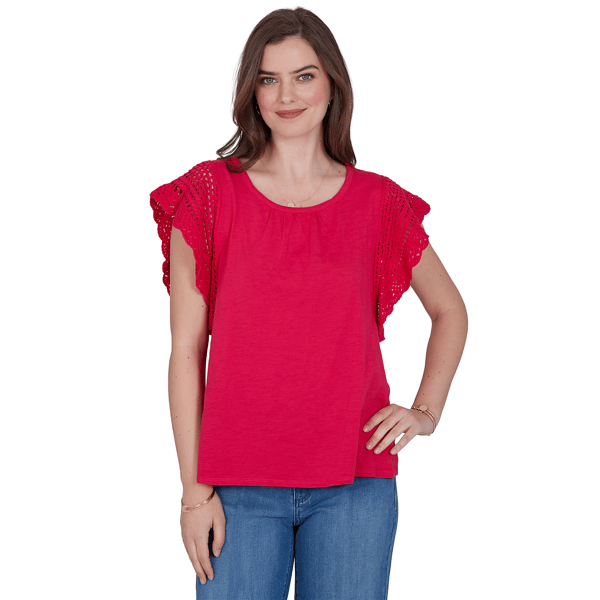 Womens Ruby Rd. Tropical Noir Crochet Cap Sleeve Blouse