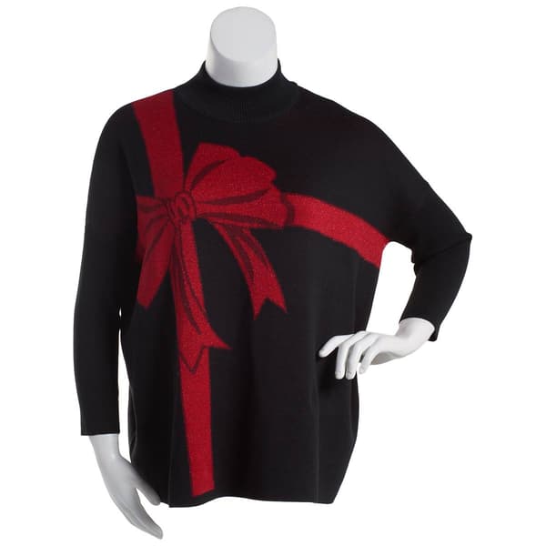 Womens Tint & Shadow Long Sleeve Mock Neck Bow Poncho Sweater