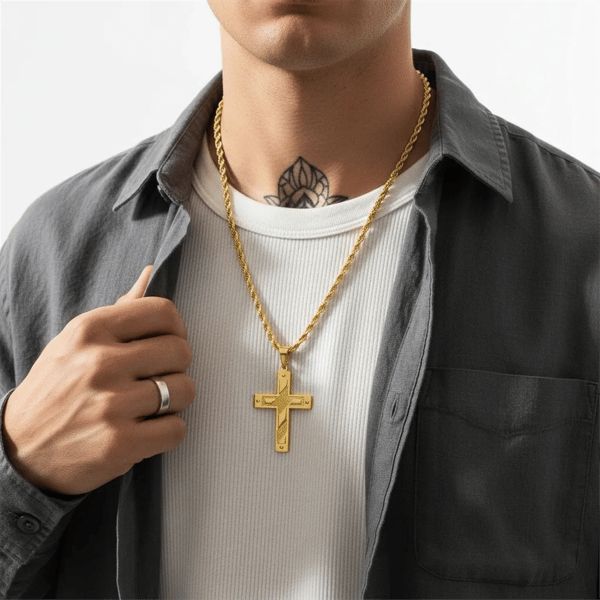 Mens Iron Saints 18kt. Gold Plated Cross Pendant Necklace